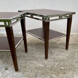 Pair of modernist chrome, leather and wood side tables