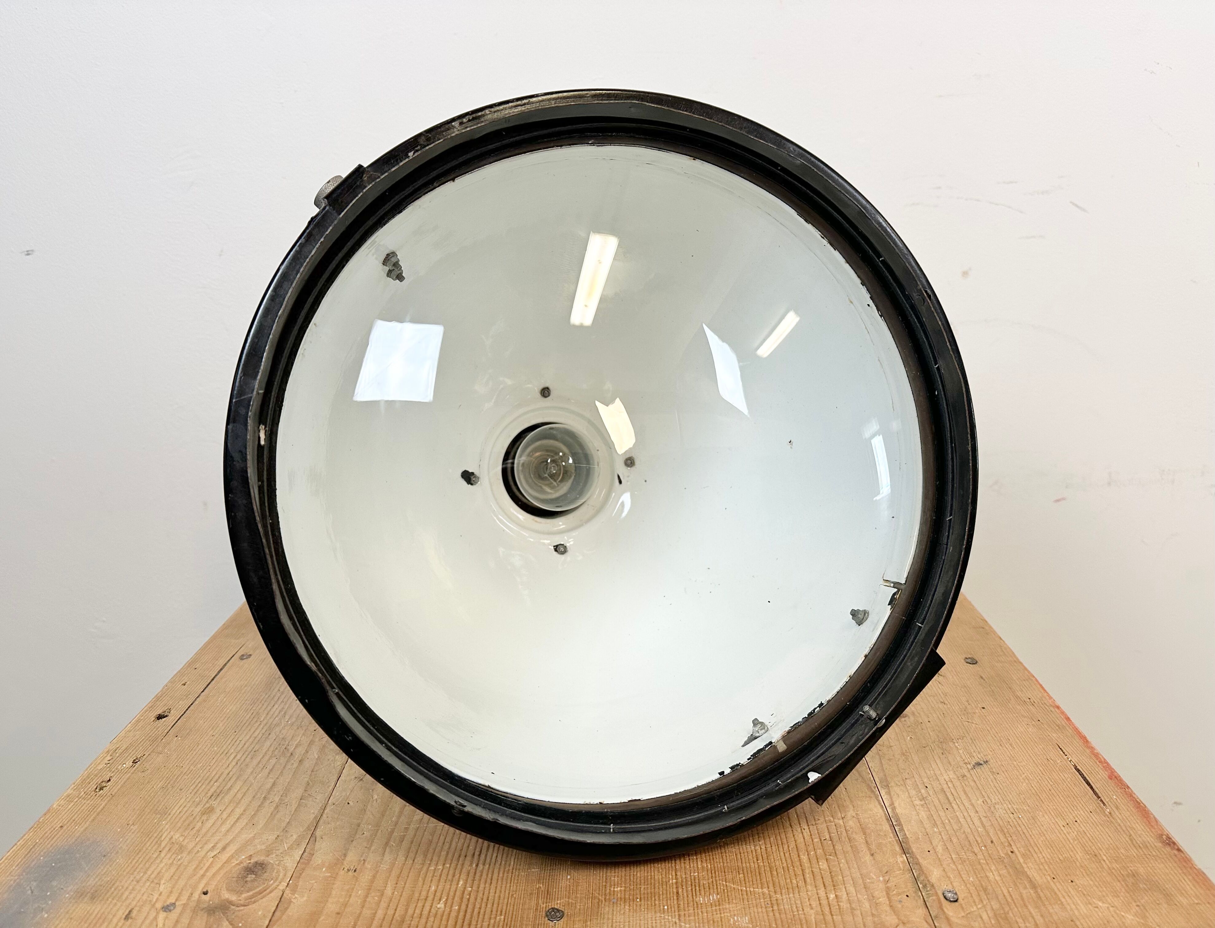 Industrial Black Enamel Factory Spotlight with Convex Glass Cover, 1960s