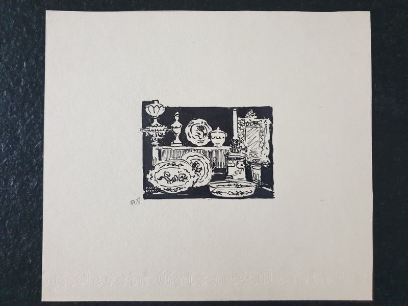 André Duculty (1912-1990) India ink on paper "Chez l'antiquaire" Monogrammed lower left