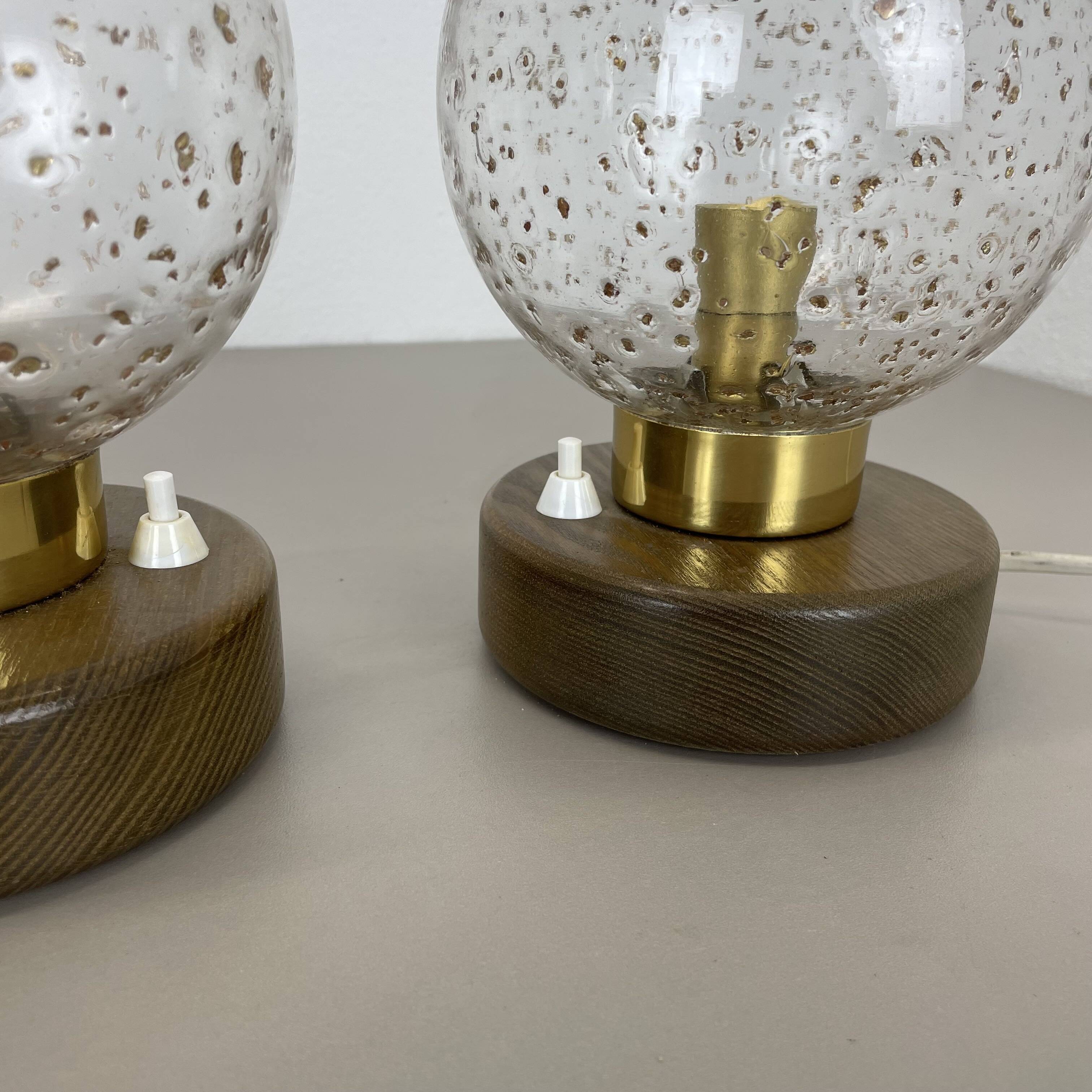 Set of 2 glass ball and oak Wooden Table Lights by Temde Lights, Germany 19