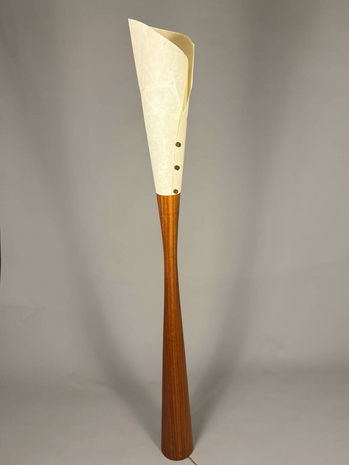 Sculptural floor lamp - exotic wood and textured shade, modern vintage style