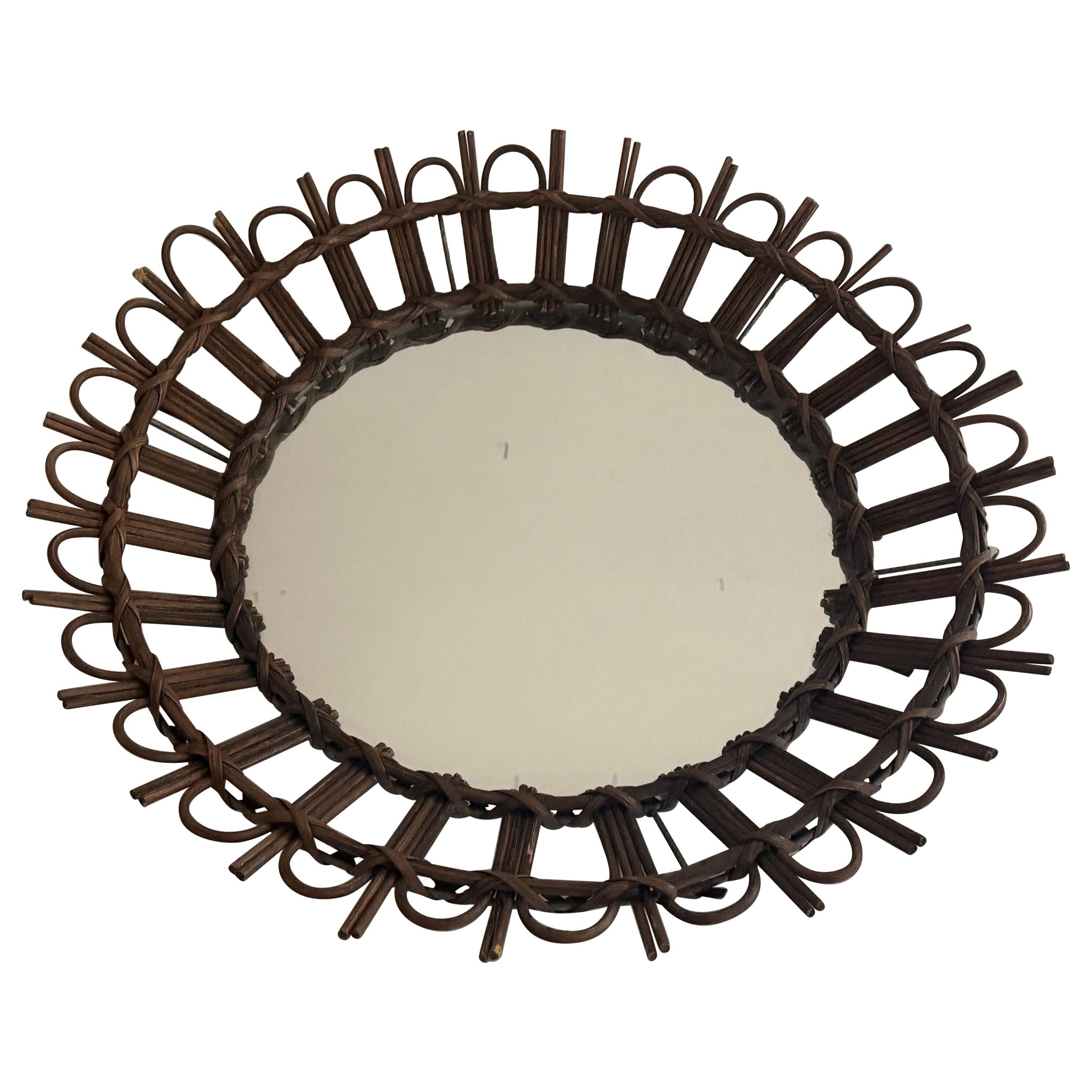 Round wall mirror with a modern mid-century wooden frame, 1960s, Germany.