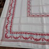 Grande nappe rouge et blanc 1m95x2m85 et ses 12 serviettes monogrammées "gf"