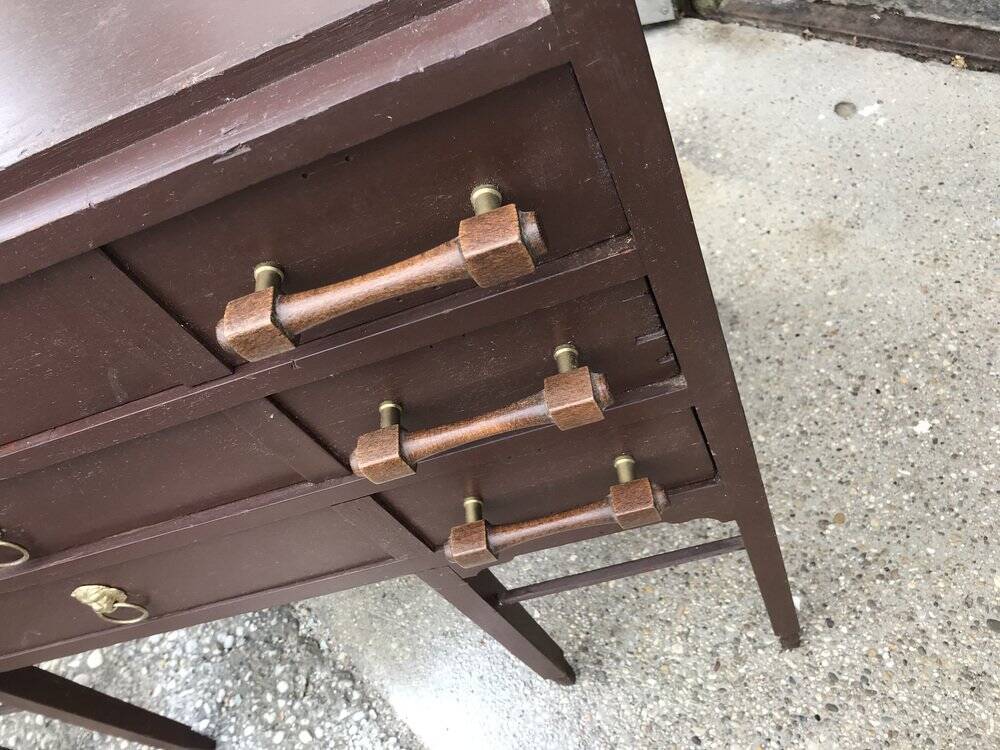 Vintage pine chest of drawers painted dark brown, 3 drawers from the 1950s mid-century style.