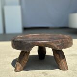 Small tripod stool low in dark brown upcycled teak