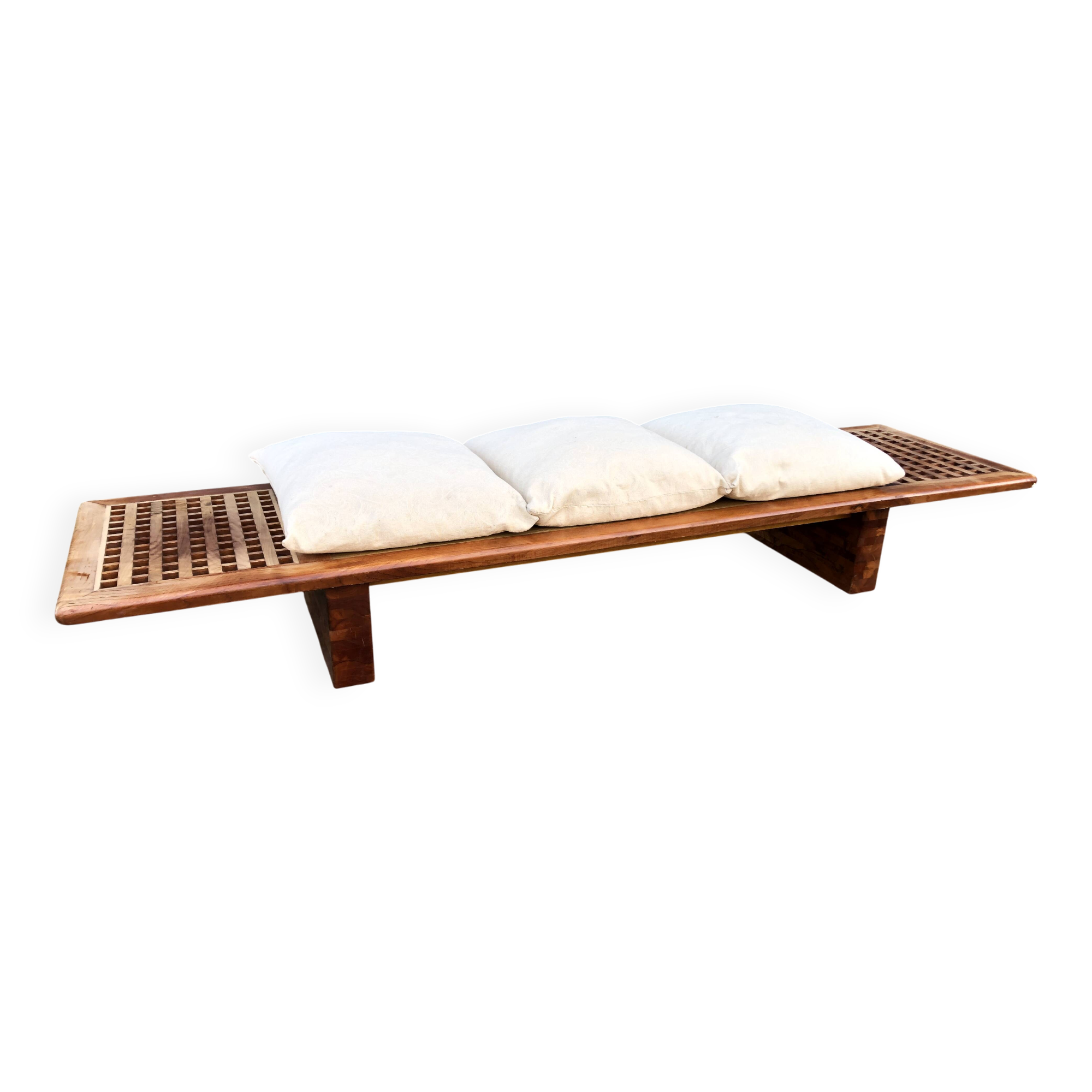 Vintage Yew Wood Bench with 3 Cushions