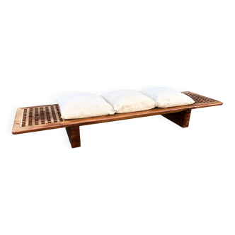 Vintage Yew Wood Bench with 3 Cushions