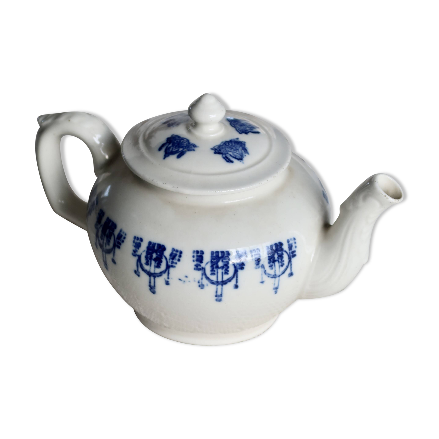 Antique teapot Saint-Uze steel clay cobalt blue pattern