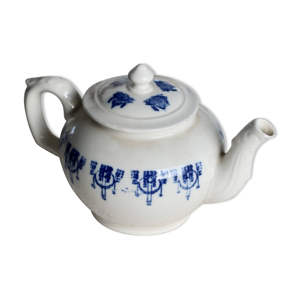 Théière ancienne Saint-Uze terre d'acier motif bleu cobalt