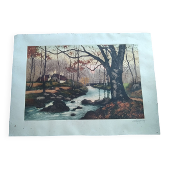 Autumn river engraving signed and numerotee