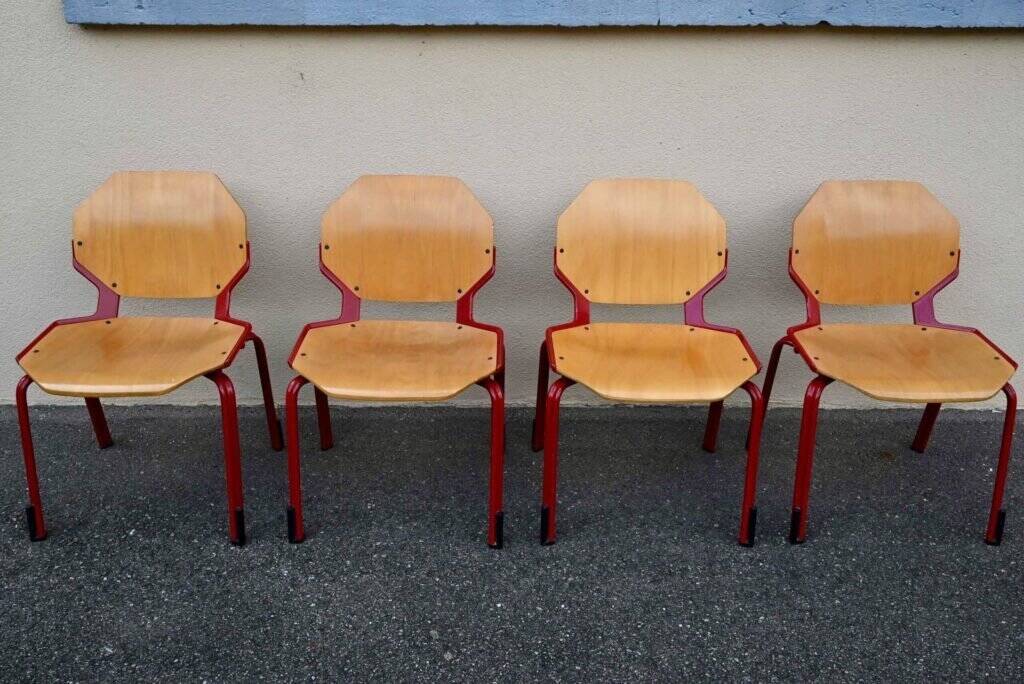 Set of 4 Design Chairs Rio Fröscher 1985 Postmodern Red Wood