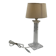 Modern table lamp in plexiglass with fabric shade.
