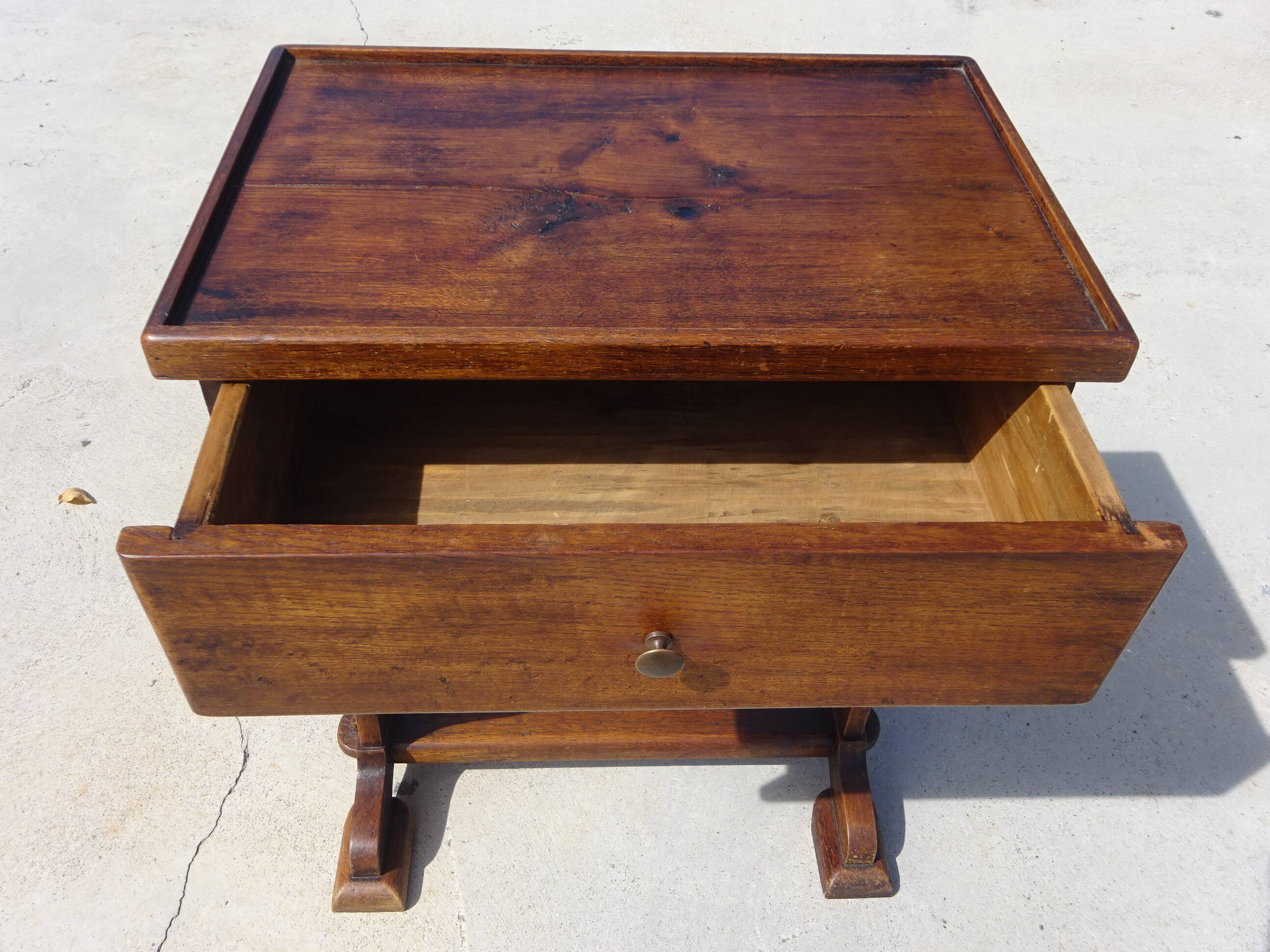 Bolster or end table with drawer, patina