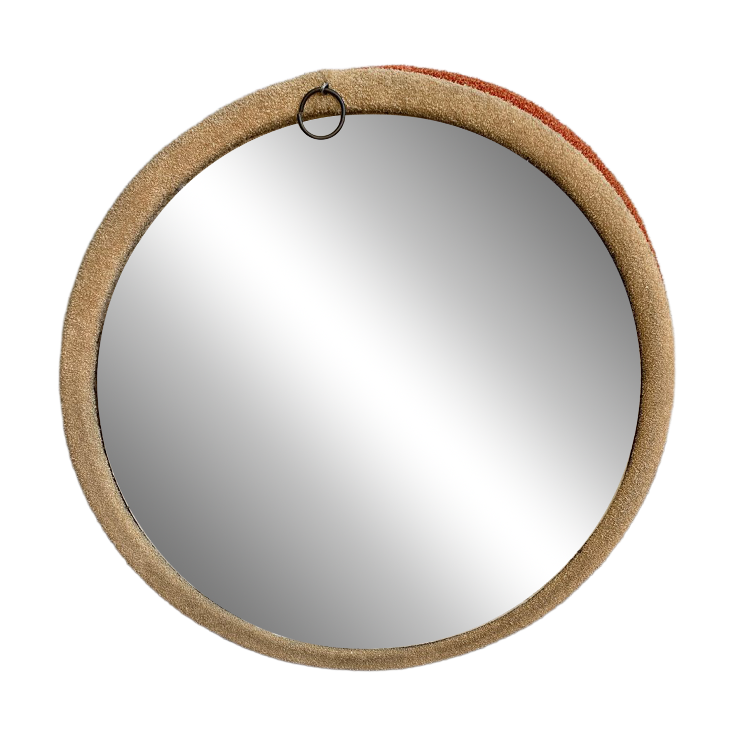 Vintage 1950s round wall mirror, wooden frame and mirror, yellow finish.