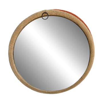 Vintage 1950s round wall mirror, wooden frame and mirror, yellow finish.