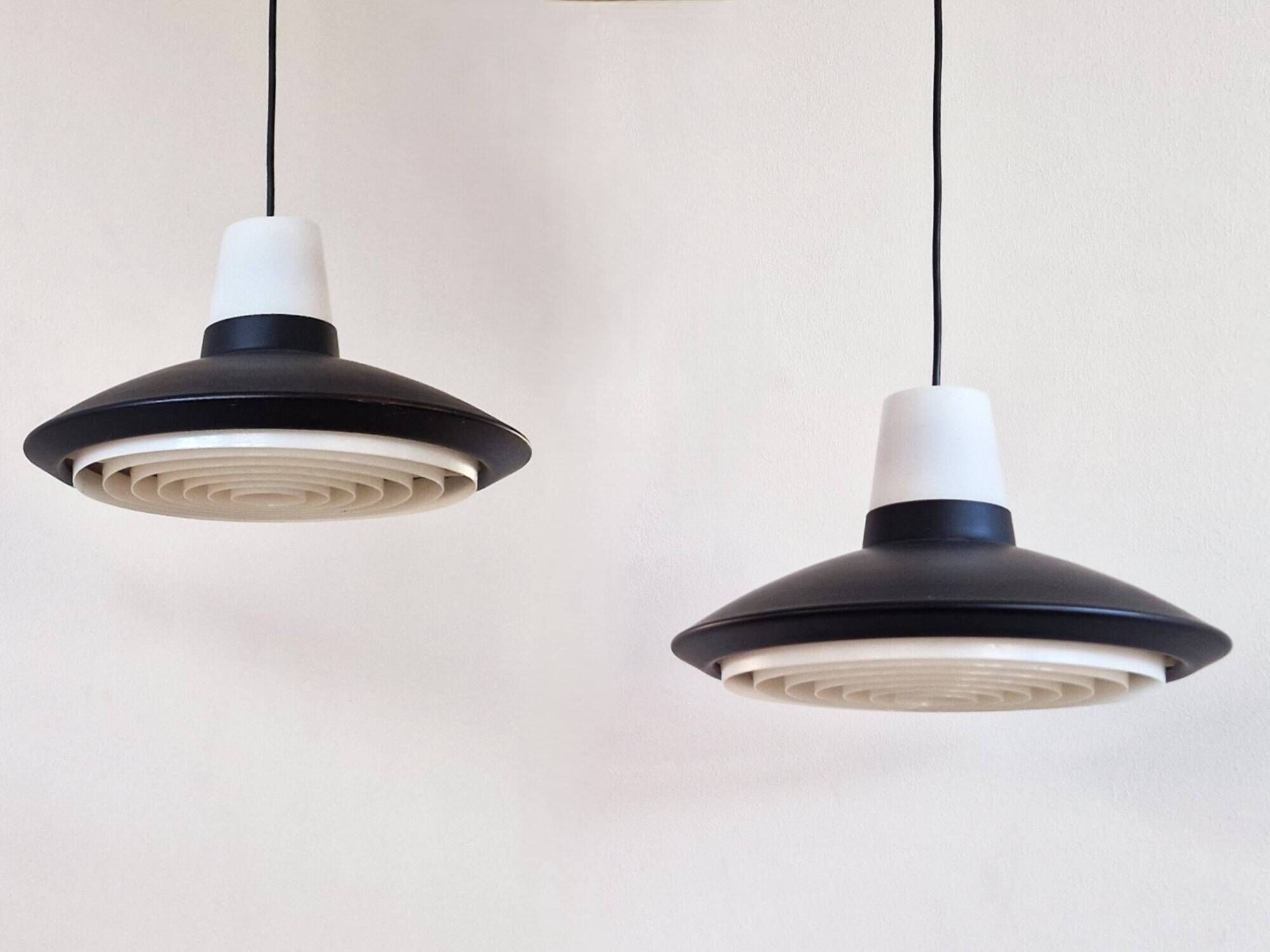 Set of 2 black and white pendant lamps for Nordisk Solar, Denmark 1960's