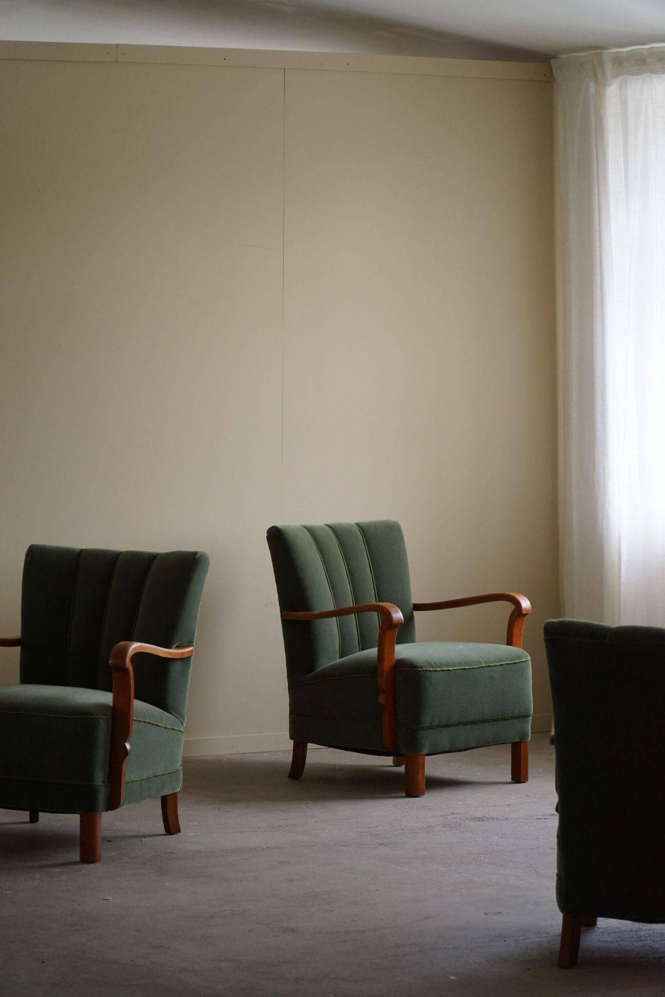 Danish Art Deco, set of 3 oak armchairs, reupholstered in green mohair, 1930s.