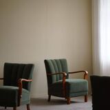 Danish Art Deco, set of 3 oak armchairs, reupholstered in green mohair, 1930s.