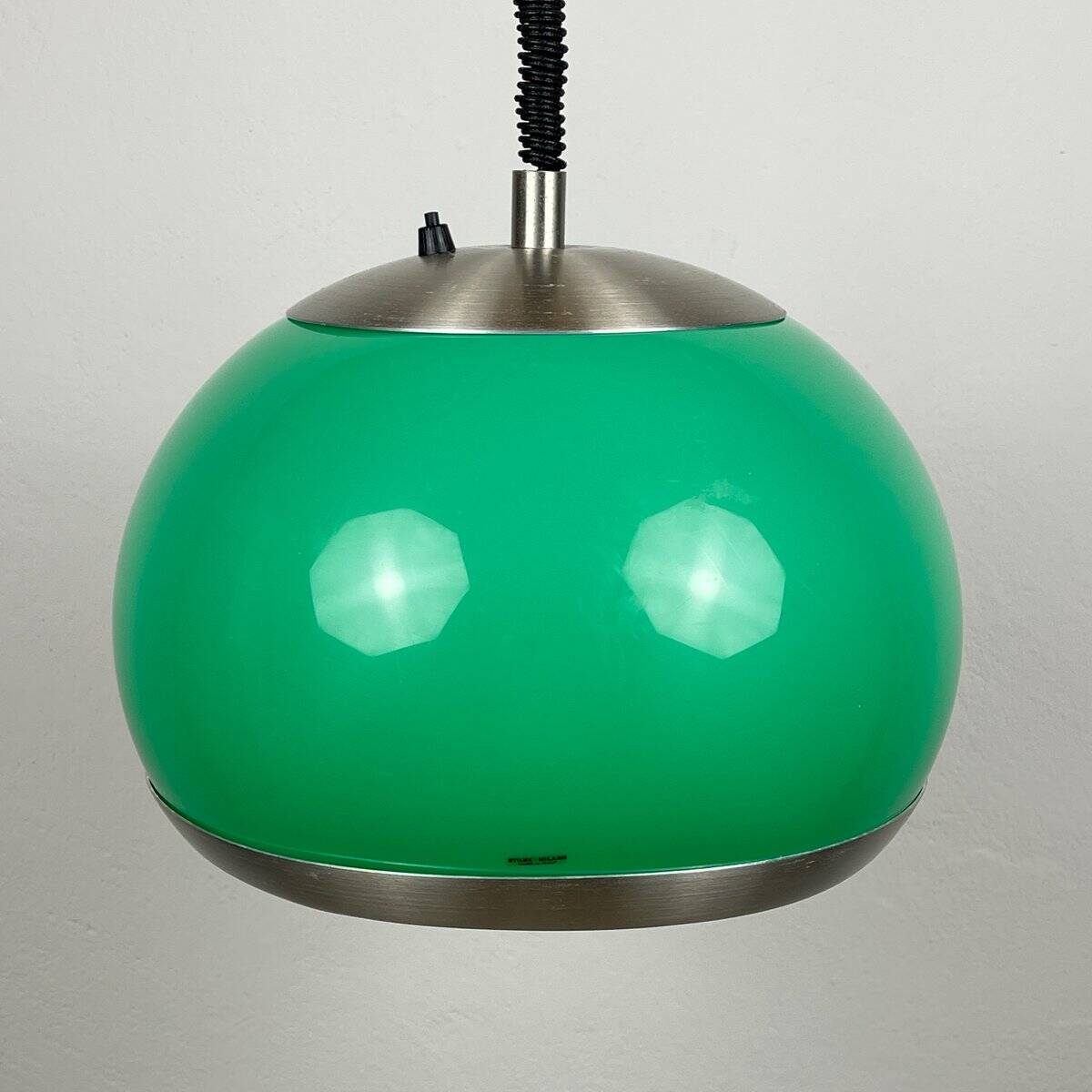 Green plastic pendant light in mid-century style by Stilux Milano, 1972