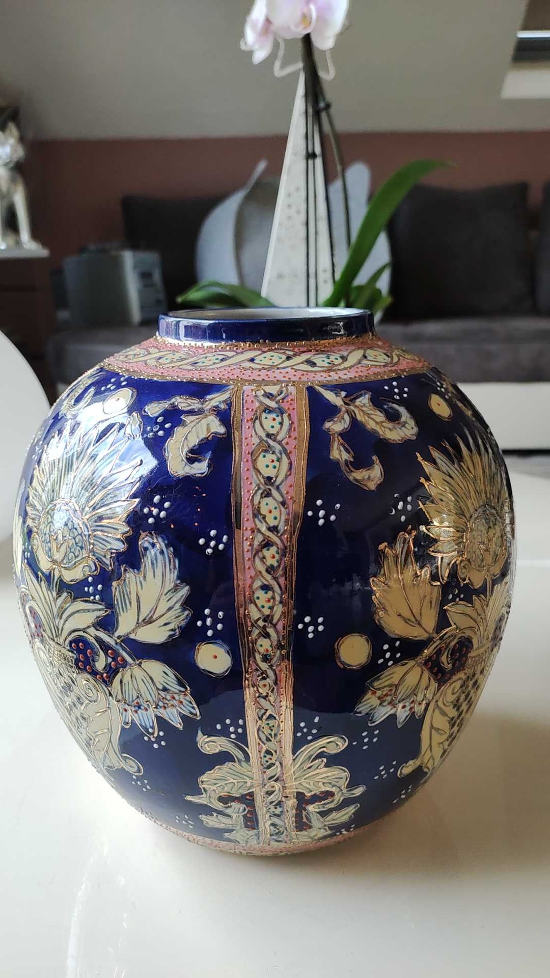 Handcrafted Chinese vase shaped ball in enamelled ceramic. Floral motifs/Ribboned friezes