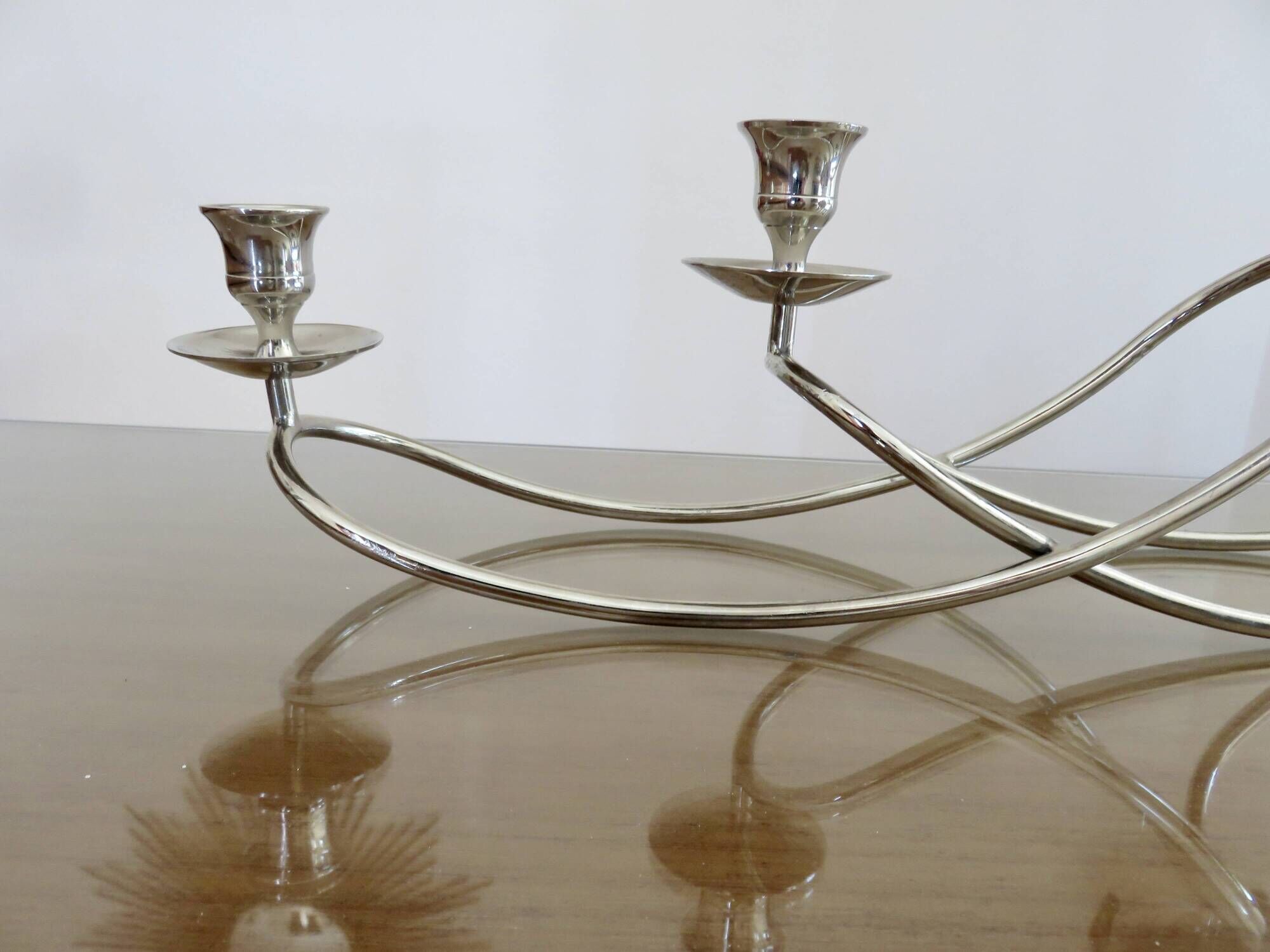 XXL silver metal candle holder 5 lights 70s
