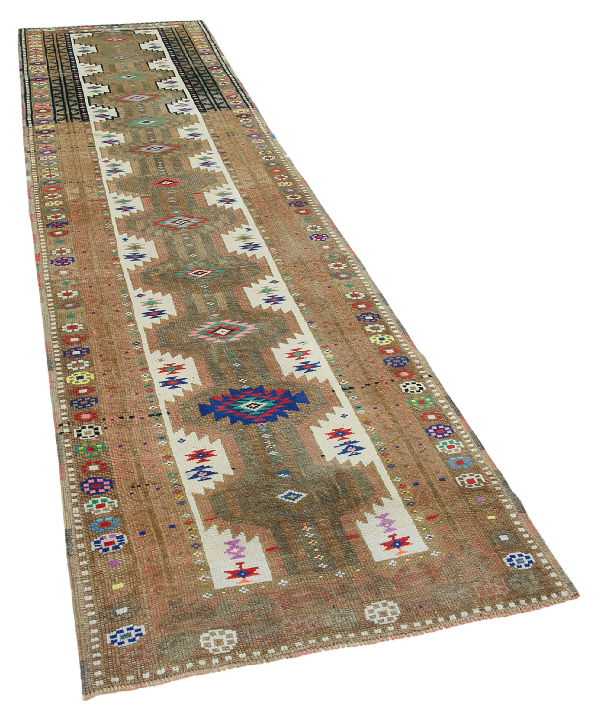 Hand-knotted turkish beige runner carpet 95 cm x 368 cm