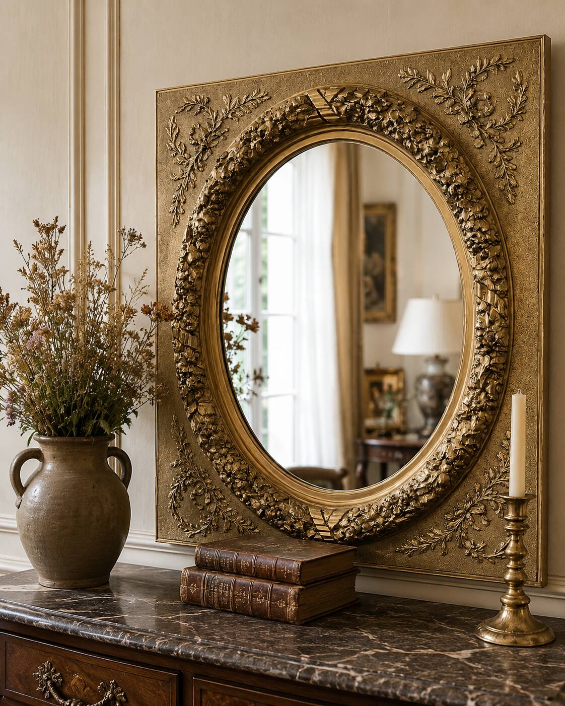 Large Louis XVI style mirror in gilded wood and composition – Early 20th century.
