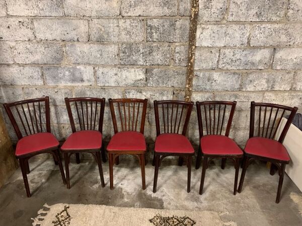 6 Chaises baumann bistrot troquet parisien bois de hêtre et skaÏ rouge - ancien et vintage