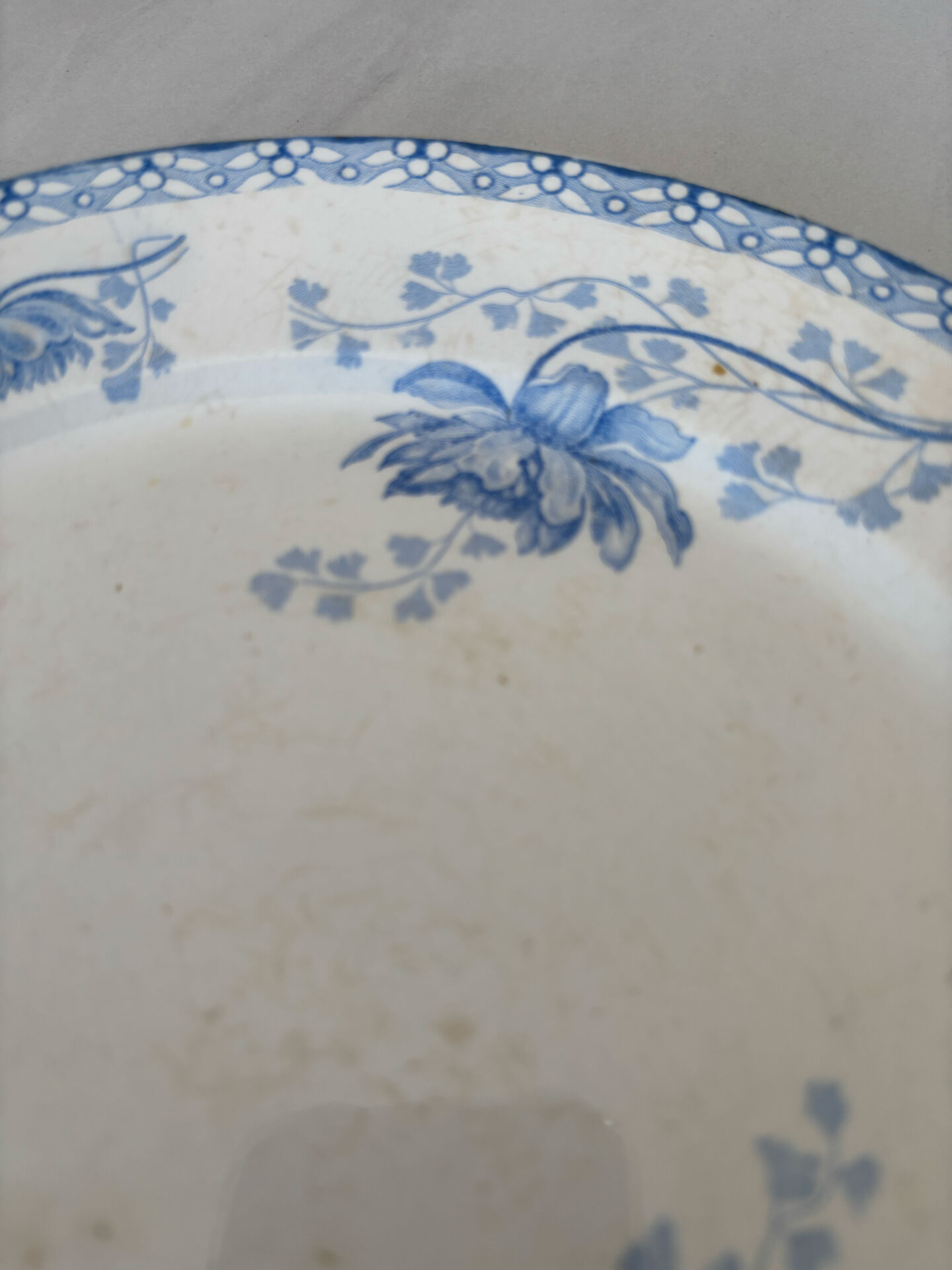 Old flat plate, light blue ironstone from Sarreguemines, model r.