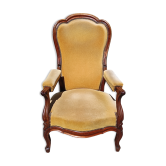 Old reclining Voltaire armchair with yellow velvet rack and pinion