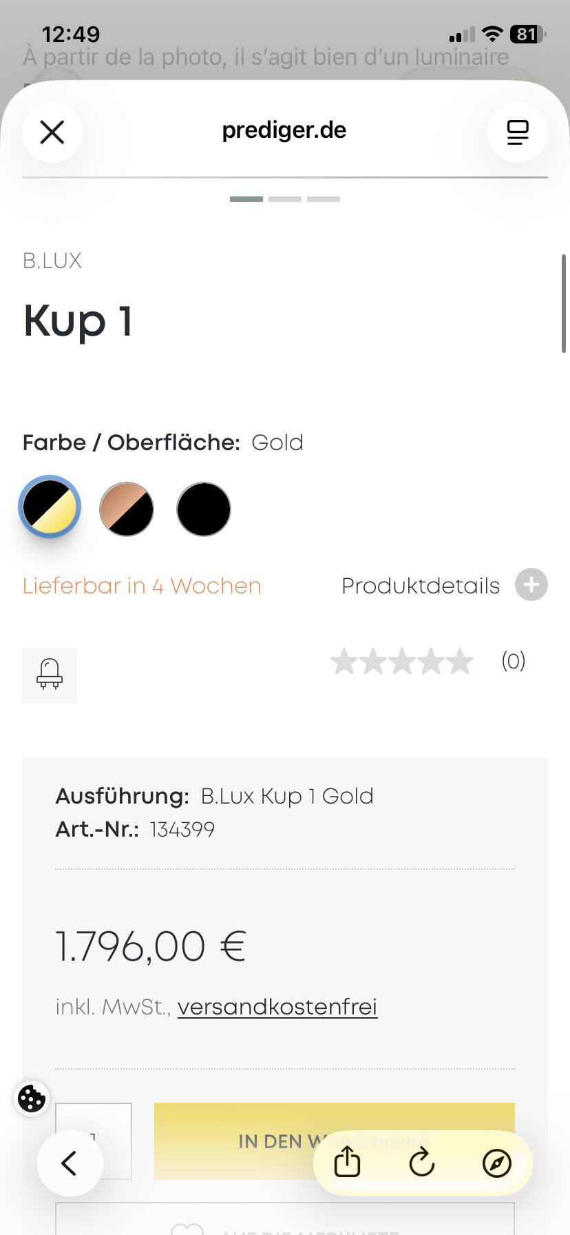 Suspension B Lux black and gold in brass