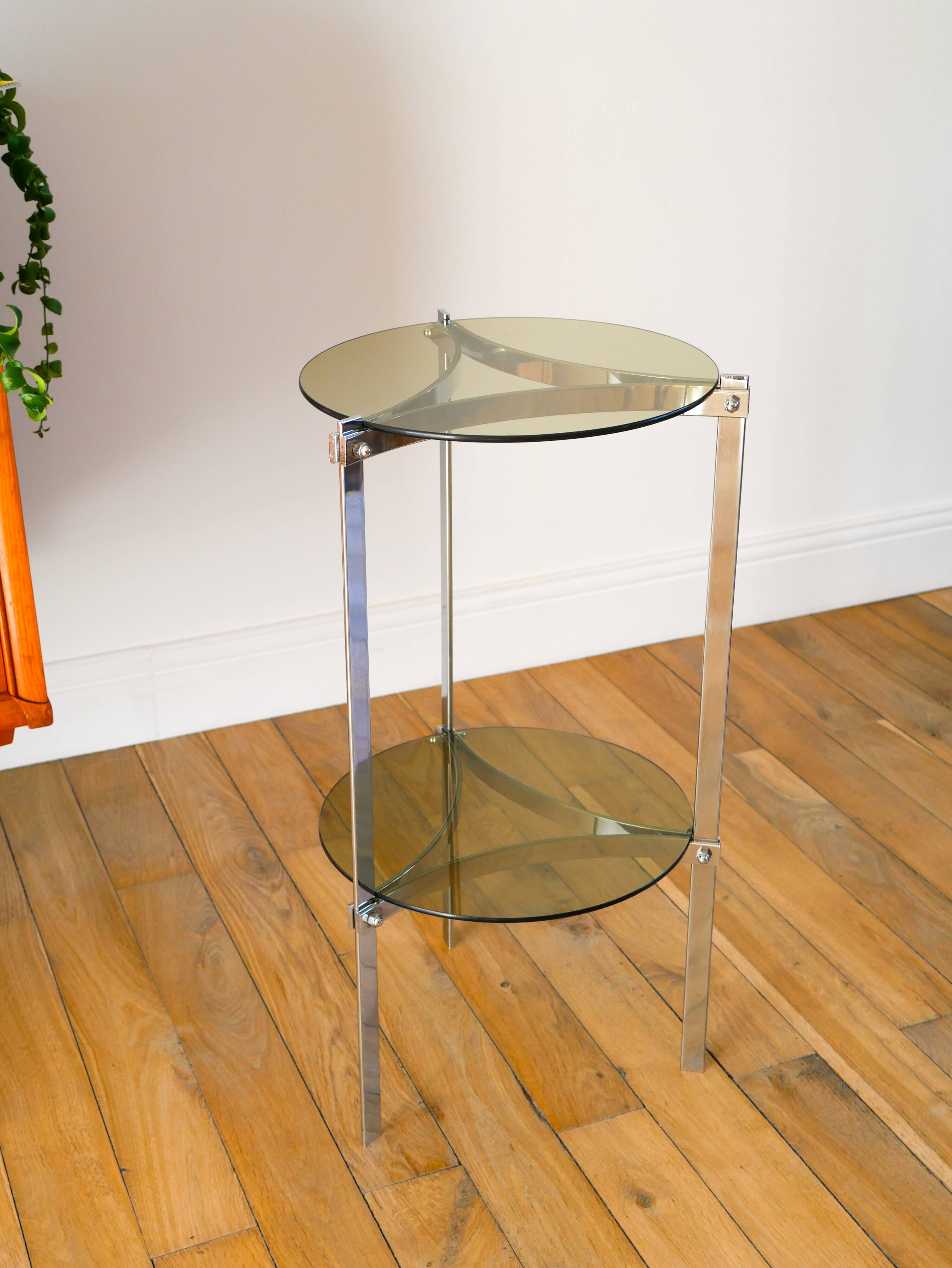 Tripod stand in chrome and smoked glass, double floors, Design, 1970