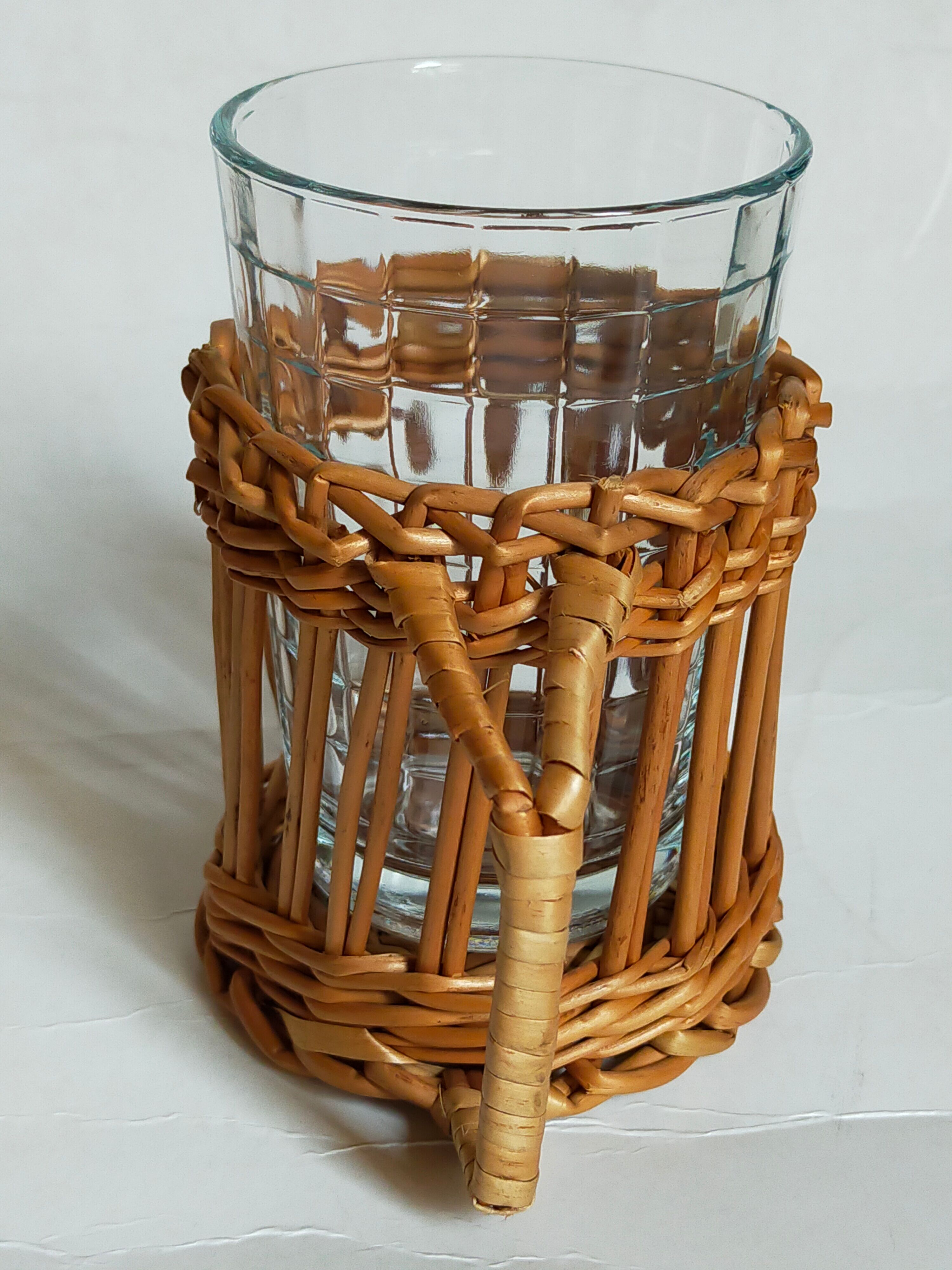Six vintage 50s glasses in braided rattan cases