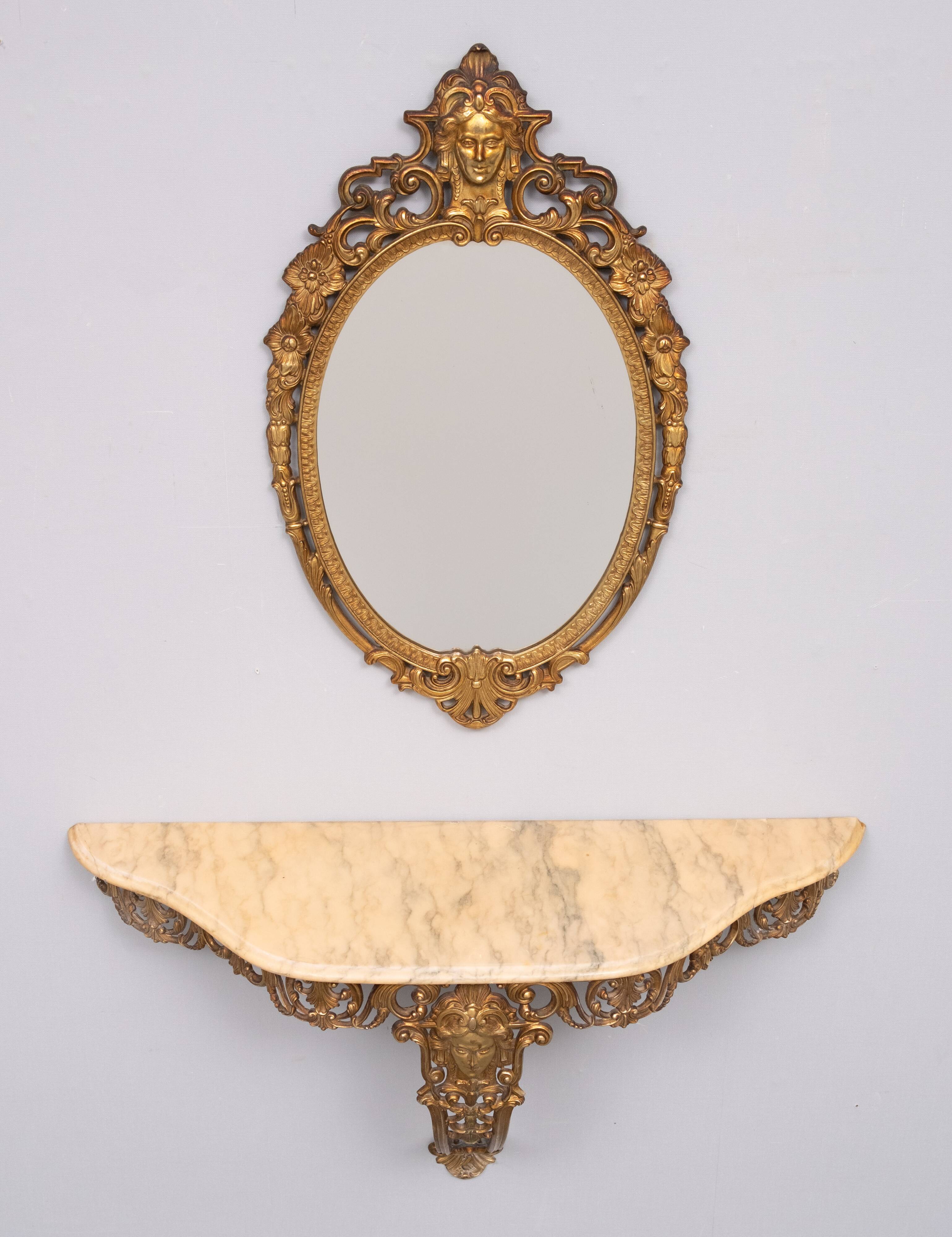 Classic gilded brass console with oval mirror from the 1950s, Italy.