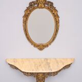 Classic gilded Brass console with oval mirror 1950s Italy