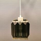 Old Swedish lamp made of metal and smoked solid glass pieces.