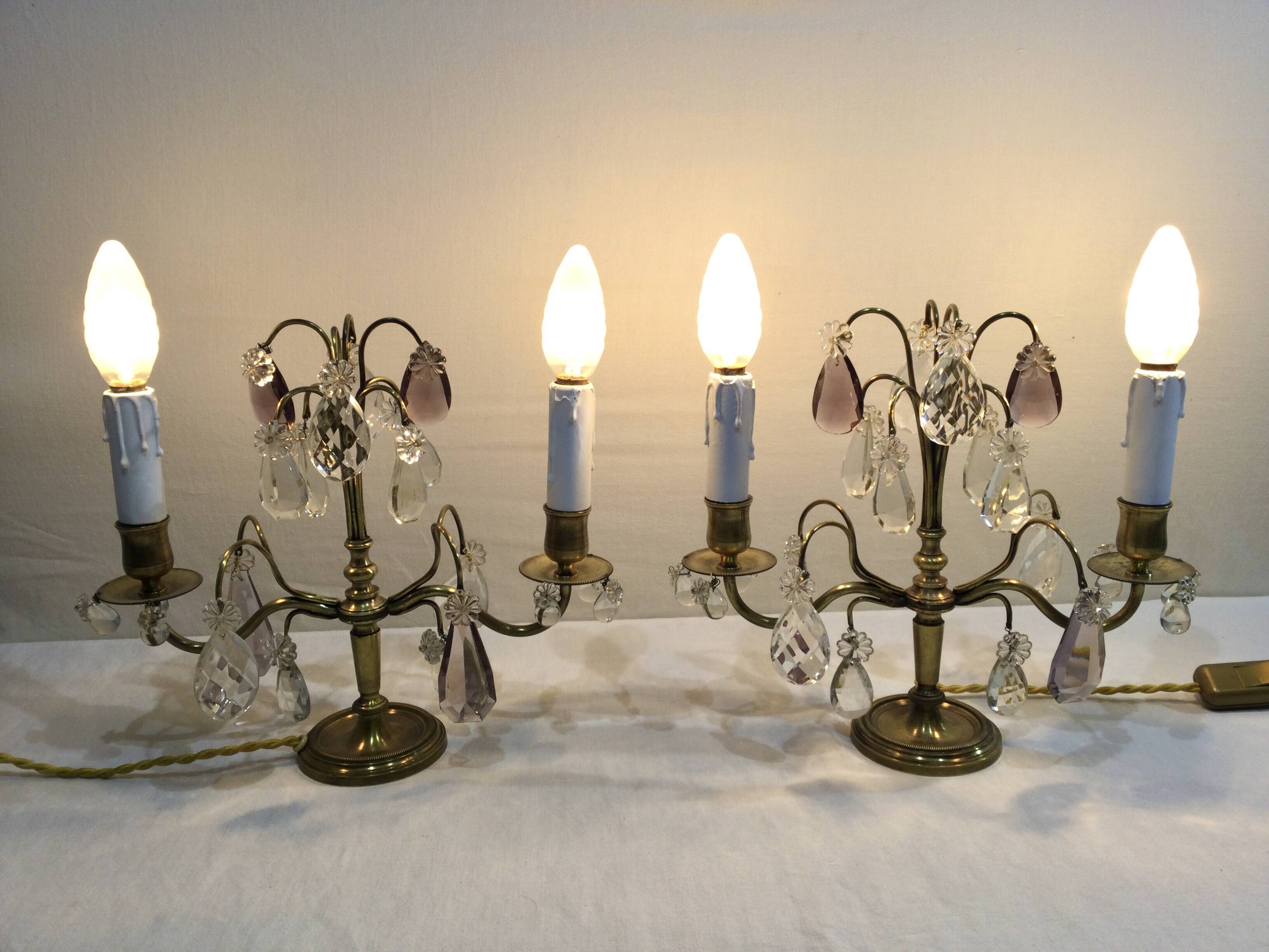 Pair of girandole lamps in bronze and crystal