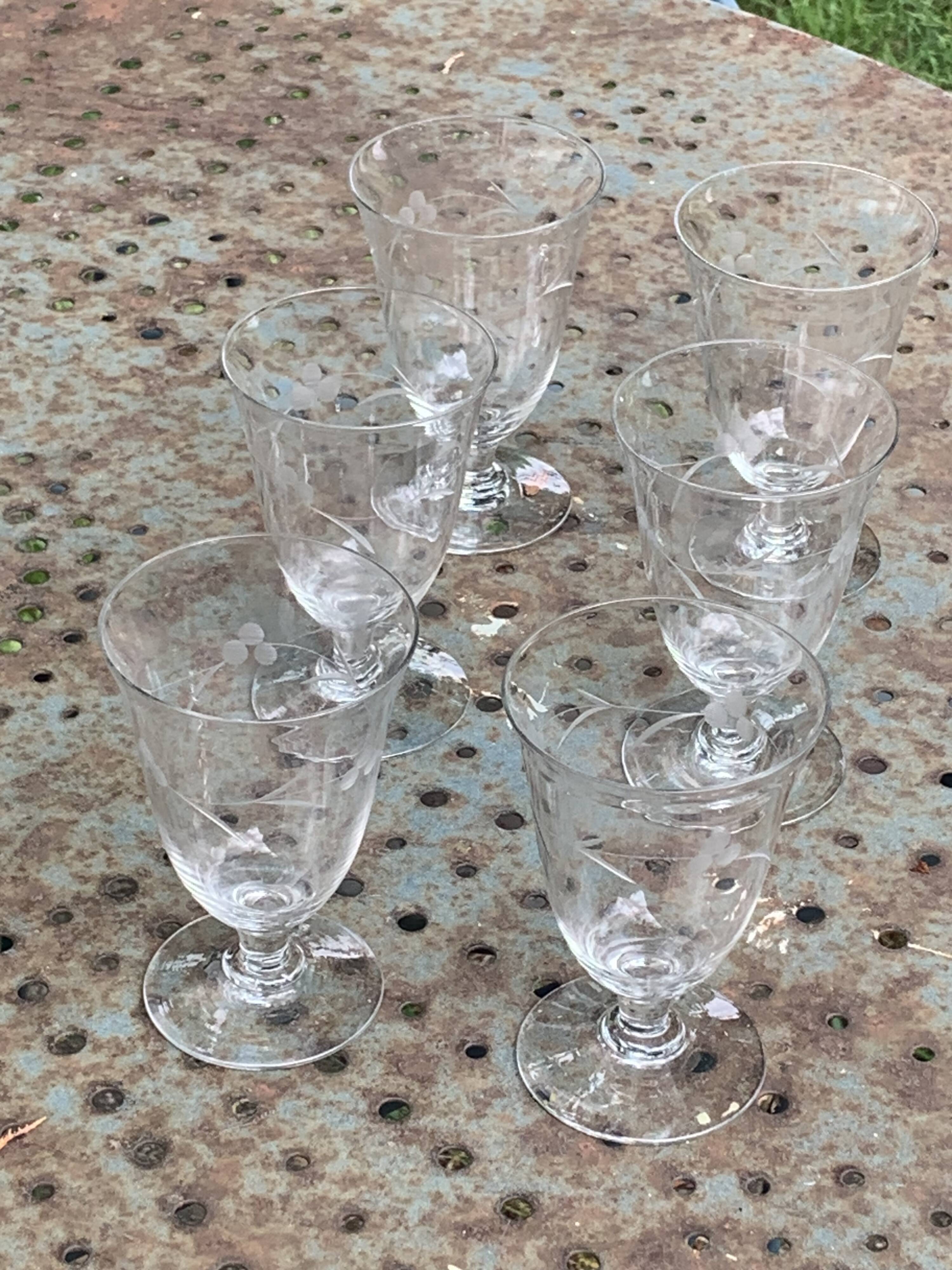 6 large antique wine glasses, chiseled floral pattern,