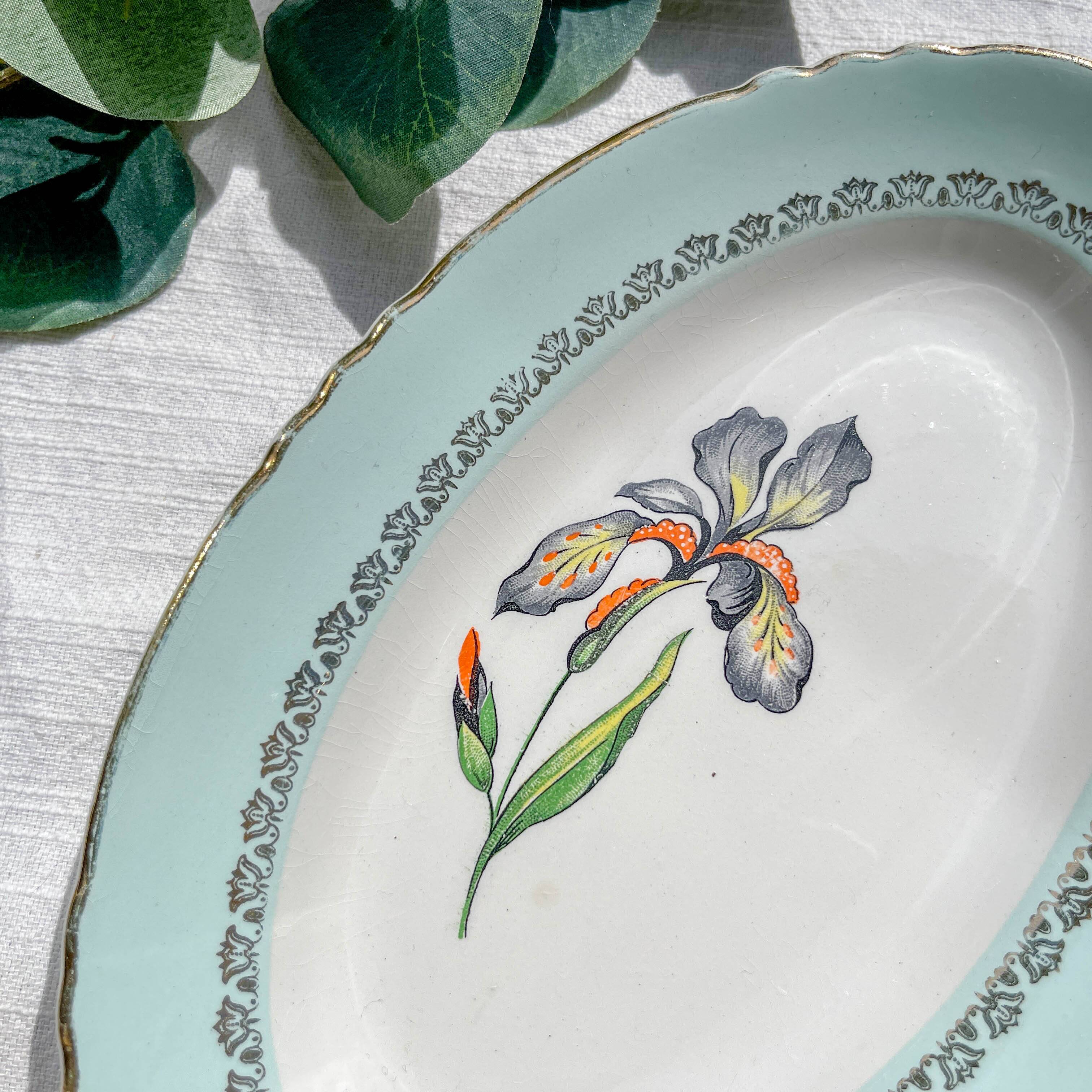 Vintage white and green porcelain dish Iris Moulin des Loups "Sargosse" 1950s