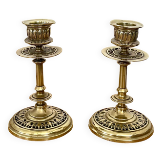 Pair of antique brass candle holders