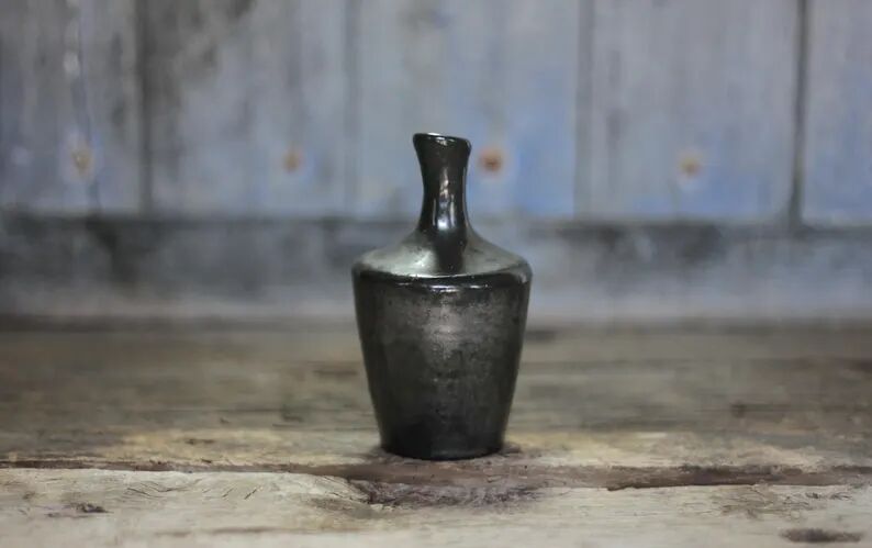 Black glazed terracotta vase, small vase signed Helm in Canet, interior decoration, collection.