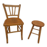 Chair and stool in solid wood in its patina