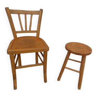 Chair and stool in solid wood in its patina