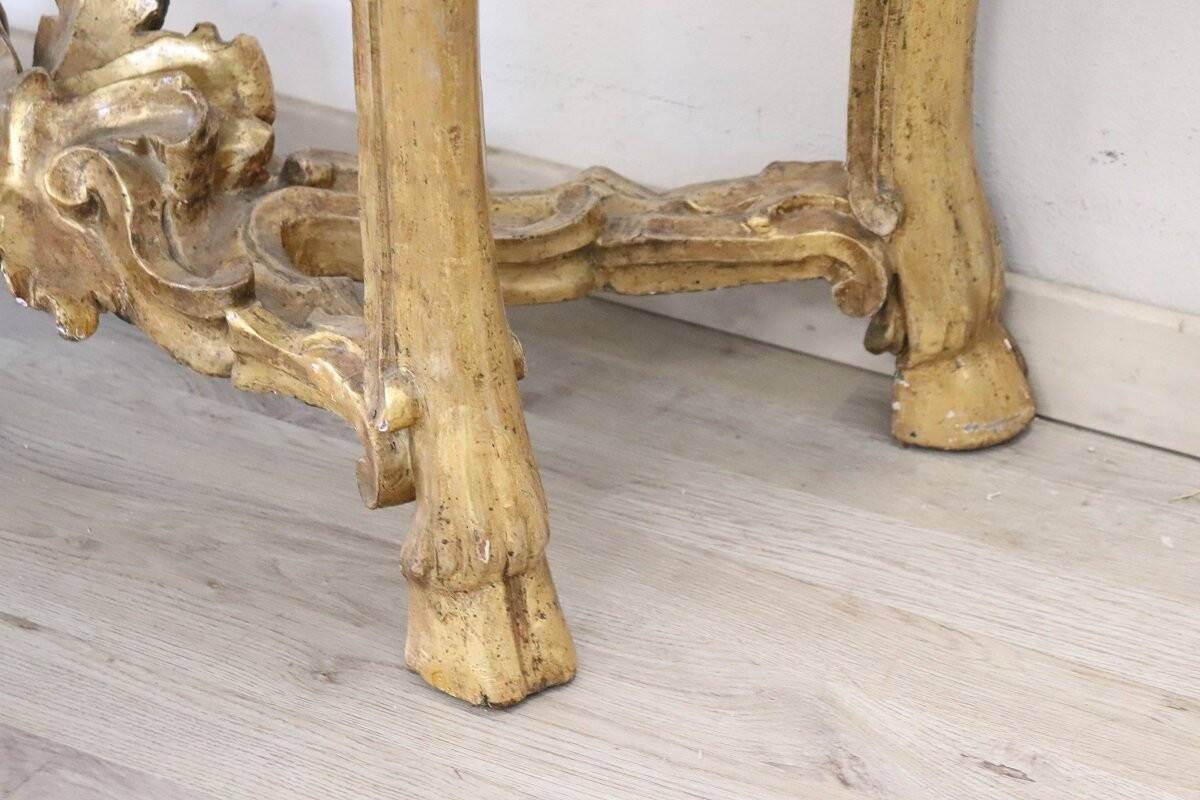 Giltwood antique console table with marble top, Italy 18th century