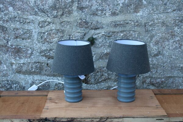 Duo de lampes céramique grise & abat-jour gris chiné – Design contemporain