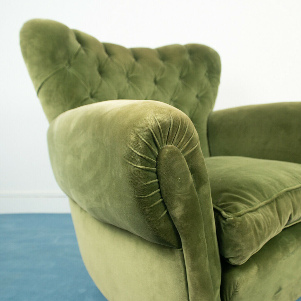 Pair 2 armchairs wood velvet green design 50s vintage modern