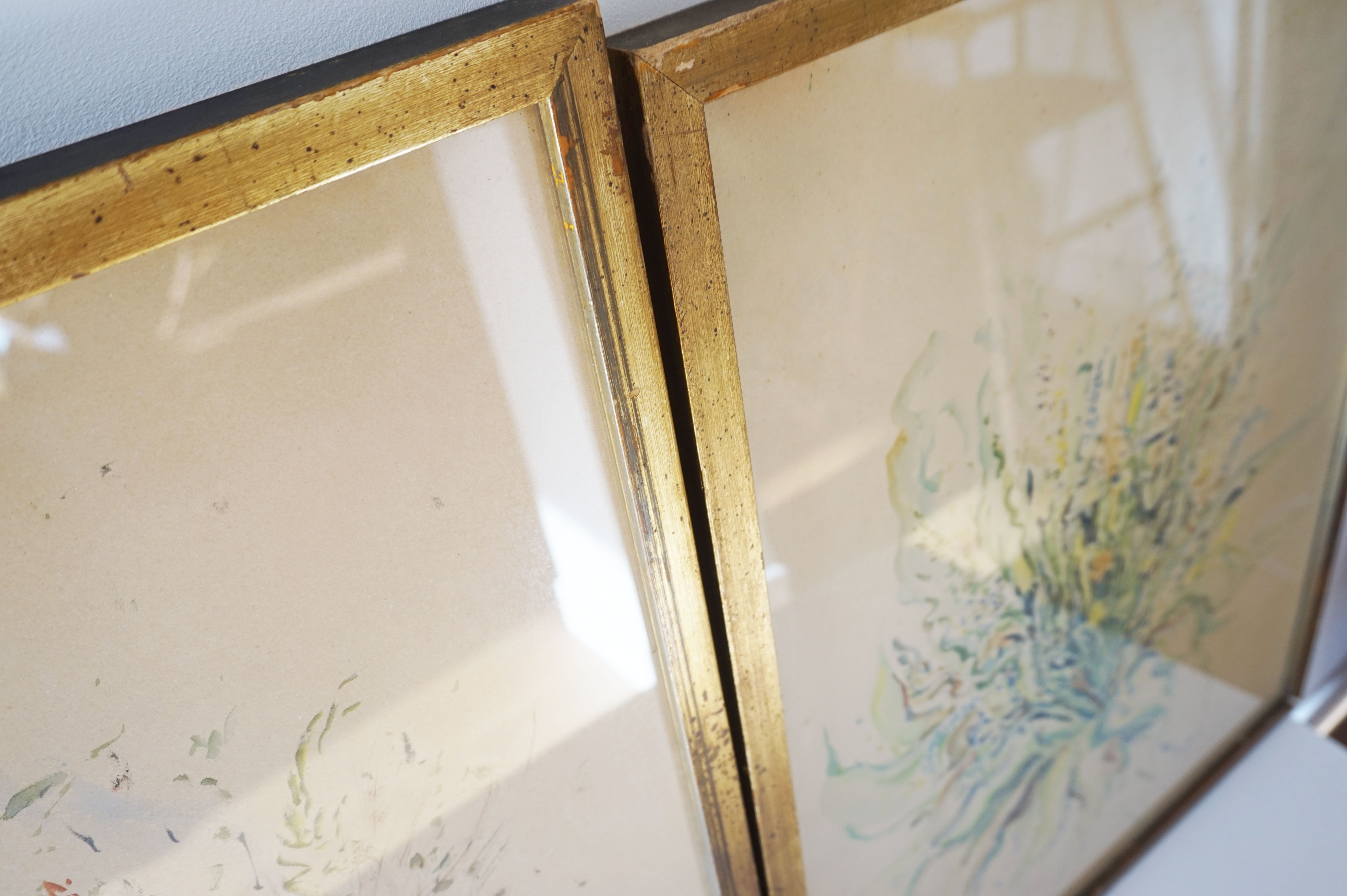 Pair of vintage paintings 1950 frame gilded wood
