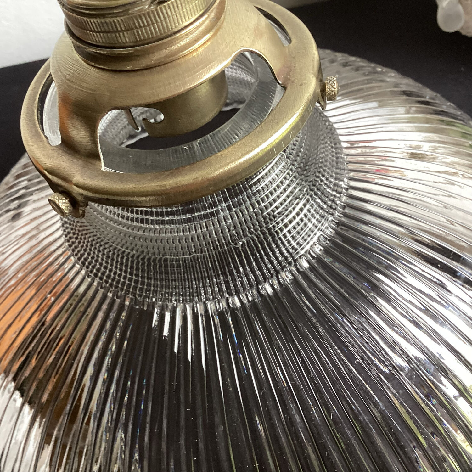 Vintage striped glass holophane pendant light