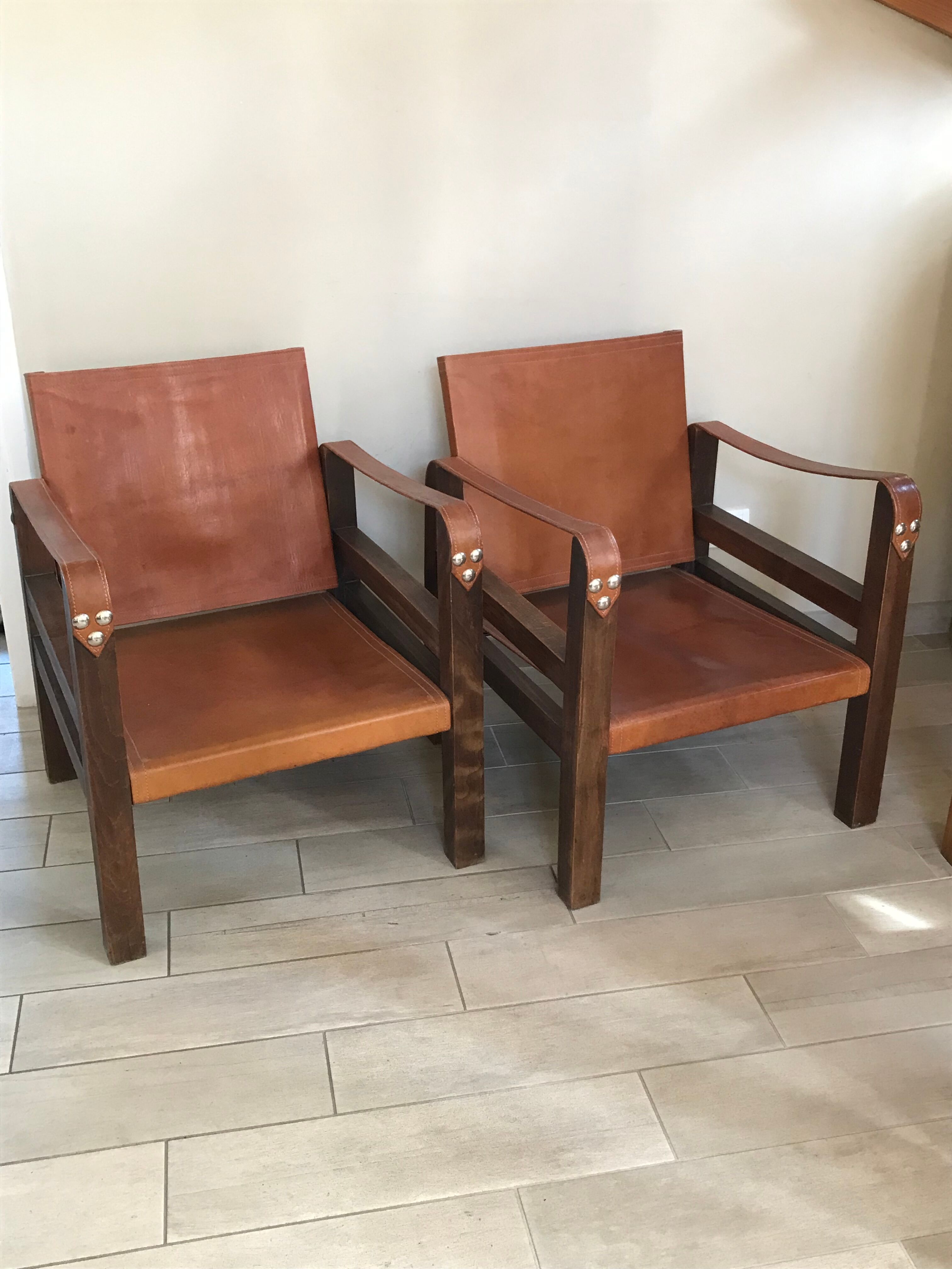 Pair of vintage design safari armchairs 50s