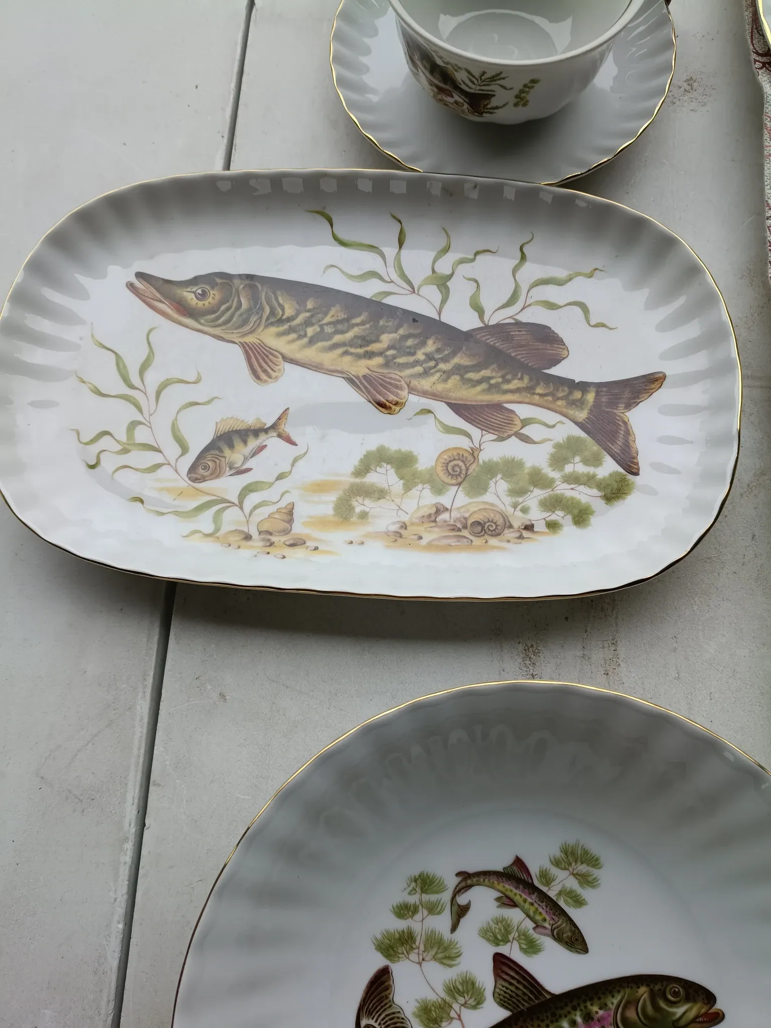 vintage porcelain dinner service with fish pattern and gold trim